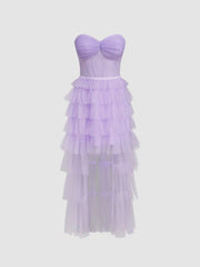 Mesh Sweetheart Corset Knotted Tube Top & Tiered Tulle Maxi Skirt