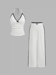 V-neck Bowknot Ruched Lace Trim Halter Top & Mid Rise Wide Leg Trousers Loungewear Set