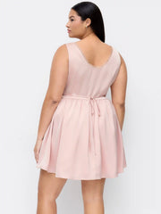 Satin V-neck Lace Panel Flared Mini Dress Curve & Plus