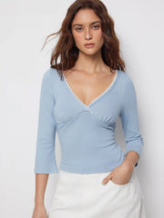 Viscose-blend V-neck Lace Panel Long Sleeve Tee