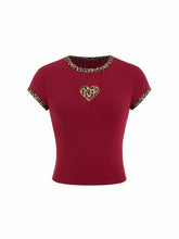 Cotton-blend Leopard Heart Applique Short Sleeve Tee