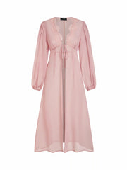 Chiffon V-neck Puff Sleeve Lace Panel Long Sleeve Blouse