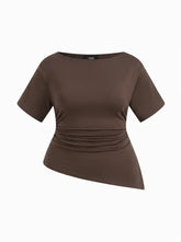 Cotton-blend Round Neckline Asymmetrical Split Ruched Tee Curve & Plus