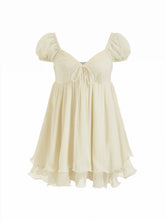 Chiffon Sweetheart Puff Sleeve Ruffled Knotted Babydoll Mini Dress