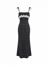 Ditsy Floral Lace Panel Ruffled Sleeve Mermaid Maxi Dress