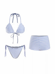 Halter Neckline Stripe Lettuce Trim Triangle Shorts 3 Piece Bikini Set