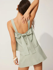 Linen-blend Square Neck Bowknot Top & Mid Rise A-line Mini Skirt Set