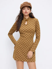 Plaid Stand Collar Long Sleeve Cut Out A-line Mini Dress