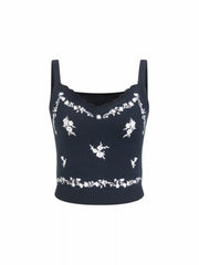 Knit Square Neck Floral Embroidery Top