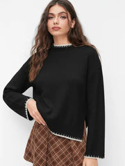 Knit Round Neckline Contrasting Binding Long Sleeve Top