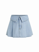 Denim Low Rise Pleated Fold Over Micro Mini Skirt