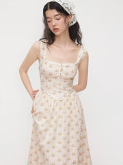 Cotton Square Neck Ditsy Floral Lace Up Maxi Dress