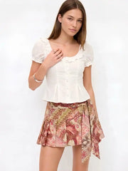 Paisley Print Low Rise Tie Pleated Mini Skirt