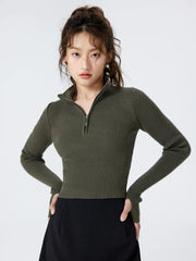 Solid Zipper Up Knitted Crop Top