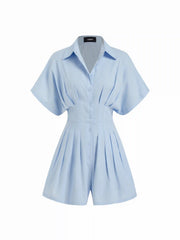 Cotton-blend Mid Rise Batwing Sleeve Ruched Romper