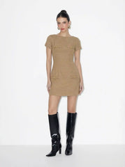 Jacquard Round Neckline Houndstooth Mini Dress With Metal Detail