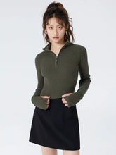 Solid Zipper Up Knitted Crop Top