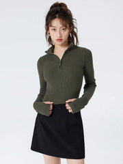 Solid Zipper Up Knitted Crop Top