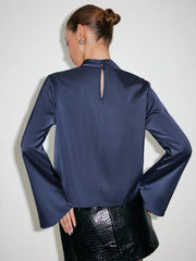 Satin High Neck Bell Sleeve Button Blouse