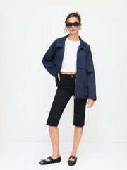 Stand Collar Drawstring Zip Through Oversized Jacket