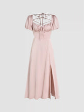 Satin Knotted Puff Sleeve Split Midi Dress