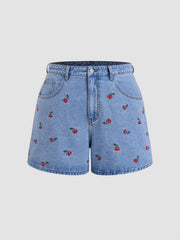 Cider Denim Mid Rise Cherry Embroidery Shorts Curve & Plus