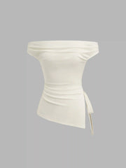 Off-shoulder Ruched Knotted Asymmetrical Hem Top