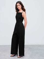 Cotton-blend Square Neck Solid Shirred Jumpsuit