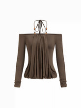 Halter Neckline Beaded Draped Long Sleeve Top
