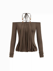 Halter Neckline Beaded Draped Long Sleeve Top