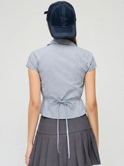 Cotton-blend Gingham Short Sleeve Twist Knotted Blouse