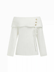 Knit Off-shoulder Asymmetrical Bowknot Long Sleeve Oversized Top