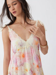 Chiffon Floral V-neck Lace Trim Tie Strap A-line Mini Dress