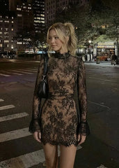 Lace Stand Collar Long Sleeve Straight Mini Dress