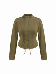 Denim Stand Collar Jacket With Lace up