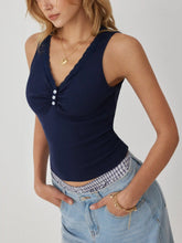 Cotton-blend V-neck Lace Trim Ruched Tank Top