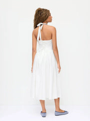 Linen-blend Halter Neckline Bowknot Contrast Binding Draped Flared Maxi Dress