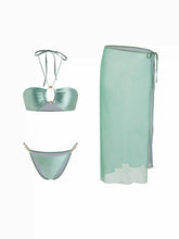 Halter Neckline Ruched Beaded Bandeau Bikini Set With Cover Up Skirt