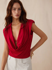 High Stretch Cowl Neck Draped Ruched Crop Top