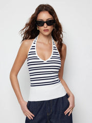 Striped Halter Neck Color-Blocking Knit Top