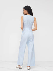 Cotton-blend V-neck Stripe Wide Leg Jumpsuit