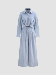 Cotton-blend Collar Solid Striped Knotted Roll-up Sleeve Jumpsuit