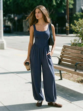 Cotton-blend Scoop Neckline Ruched High Rise Bloomer Jumpsuit