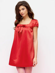 Square Neck Bowknot Ruffled Puff Sleeve Oversized Babydoll Mini Dress