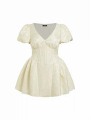 Jacquard V-neck Puff Sleeve Corset A-line Mini Dress Curve & Plus