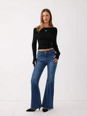 Stretch Washed Denim Low Rise Flared Jeans