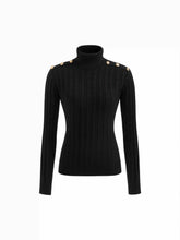 Cable Knit High Neck Metal Detail Button Long Sleeve Top