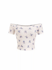 Cotton-blend Heart & Bear Graphic Off-shoulder Cropped Tee