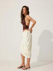 Draped Asymmetrical Bubble Hem Low Rise Midi Skirt