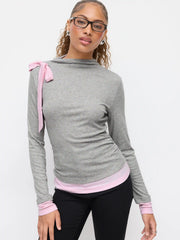 Wool-blend Stand Collar Bowknot Two Tone Long Sleeve Top
